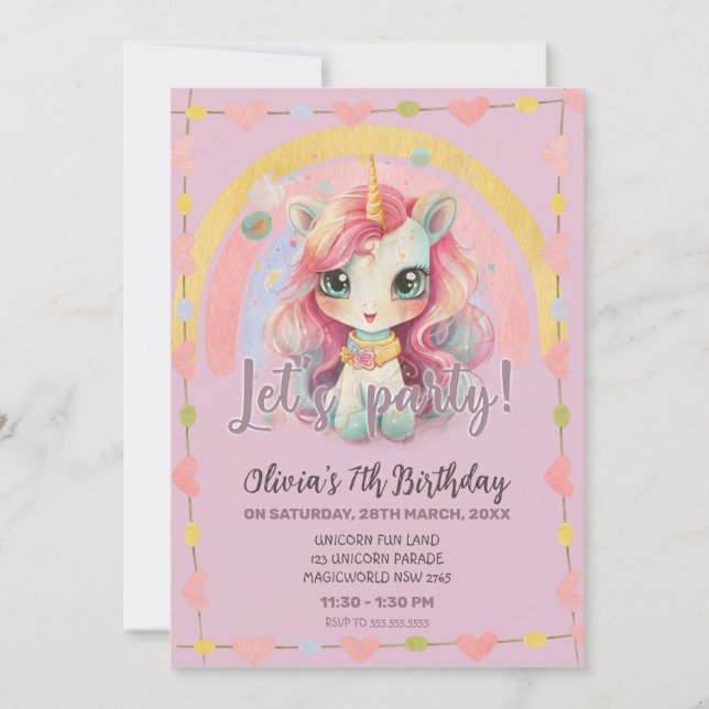Invitación Girly Rainbow Pastel Lilac Kawaii Unicorn Cumpleañ (Anverso)
