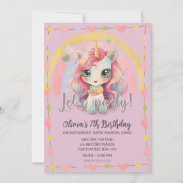 Invitación Girly Rainbow Pastel Lilac Kawaii Unicorn Cumpleañ
