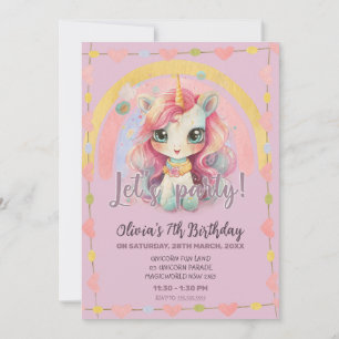 Invitación Girly Rainbow Pastel Lilac Kawaii Unicorn Cumpleañ