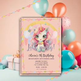 Invitación Girly Rainbow Pastel Pink Kawaii Unicorn Cumpleaño