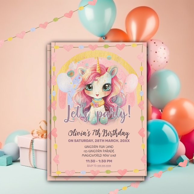 Invitación Girly Rainbow Pastel Pink Kawaii Unicorn Cumpleaño (Subido por el creador)