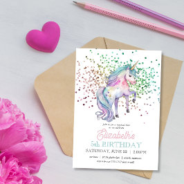 Invitación Girly Rainbow Purpurina Magnífico Unicornio Cumple