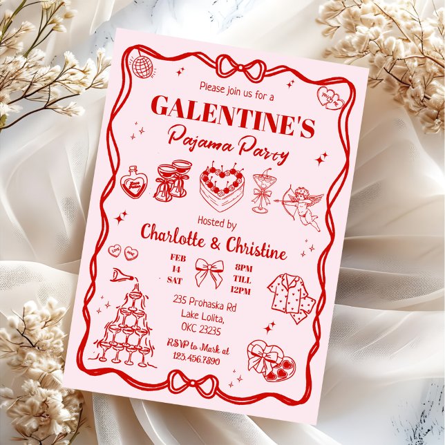 Invitación Girly Red Coquette Galentine's Pajama Party (Subido por el creador)