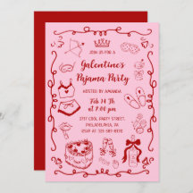 Girly Red Pink Hand Drawn Galentine's Pajama Party