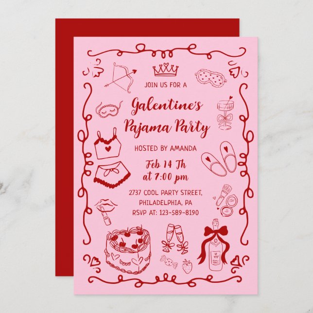 Invitación Girly Red Pink Hand Drawn Galentine's Pajama Party (Anverso / Reverso)