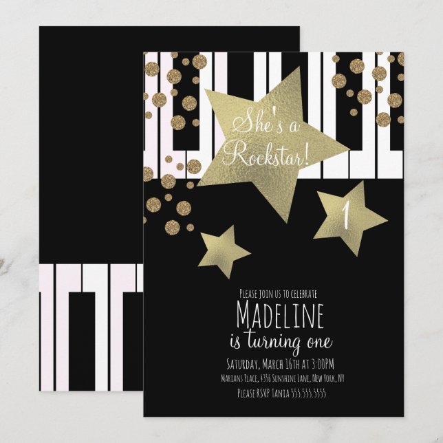 Invitación Girly Rockstar Guitar Faux Gold Star Piano (Anverso / Reverso)