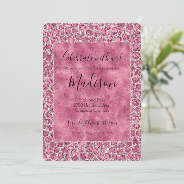 Invitación Girly Rosa Glitzy Glam Glitter Impresión Leopardo  (Anverso de pie)