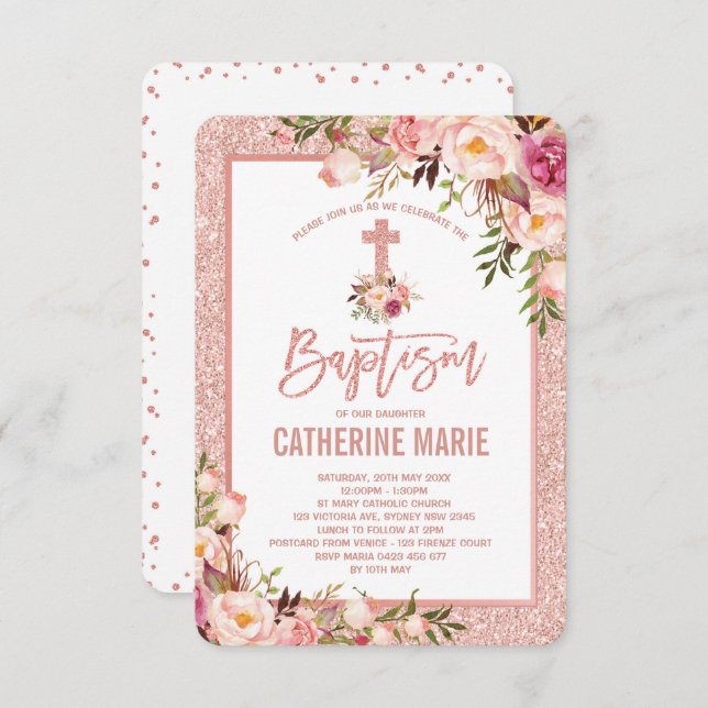 Invitación Girly Rosa Gold Floral Baptism Baby Girl (Anverso / Reverso)