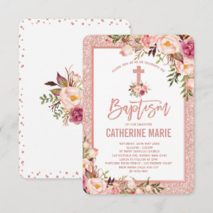 Invitación Girly Rosa Gold Floral Baptism Baby Girl