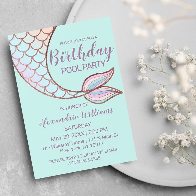 Invitación Girly Rosa Gold Mint Mermaid Piscina de cola (Girly Rose Gold Mint Mermaid Tail Pool Birthday Invitation)