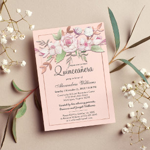 Invitación Girly Rosa Gold Rubor Floral rosa Quinceañera