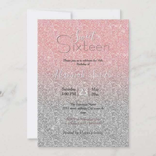 Invitación Girly Rosa Gold Silver Purpurina Ombre Diseño (Anverso)