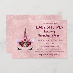 Invitación Girly Rosa Gold Sparkle Unicorn Baby Shower
