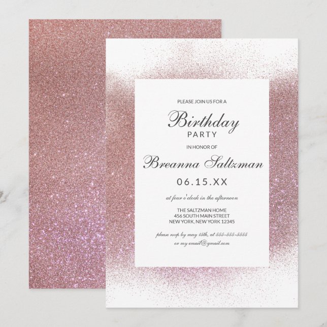 Invitación Girly Rosa Purpurina blanco rosado borde de polvo  (Anverso / Reverso)