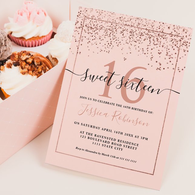 Invitación Girly rose gold confetti blush pink chic Sweet 16 (Subido por el creador)