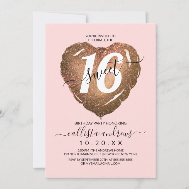 Invitación Girly Rubor Gold Purpurina Heart Balloon Sweet 16 (Anverso)