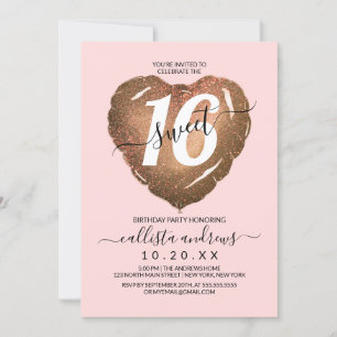 Invitación Girly Rubor Gold Purpurina Heart Balloon Sweet 16