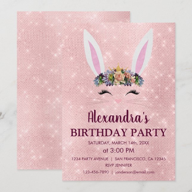 Invitación Girly Rubor Pink Easter Bunny Birthday Party (Anverso / Reverso)