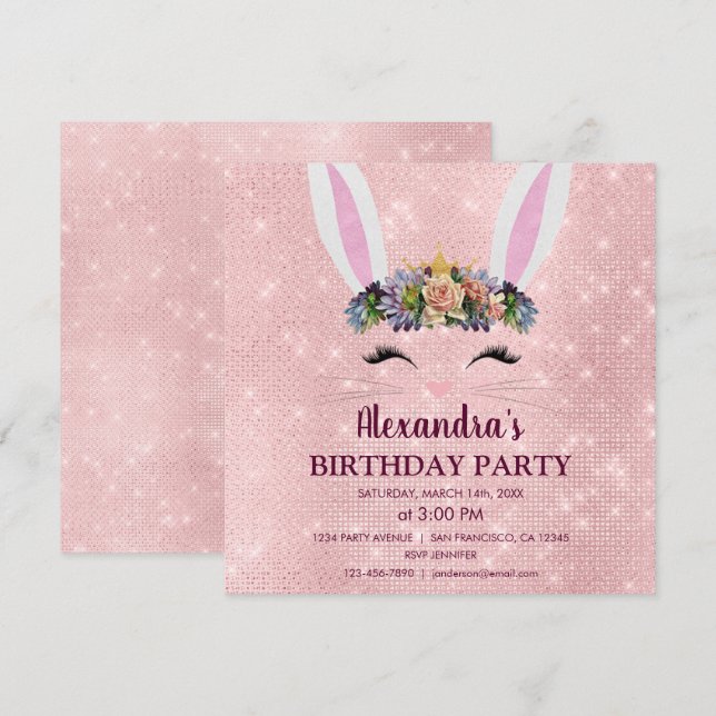 Invitación Girly Rubor Pink Easter Bunny Birthday Party (Anverso / Reverso)