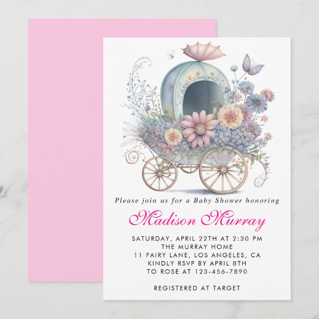 Invitación Girly Rubor Pink Floral Buggy Stroller Baby Shower (Anverso / Reverso)