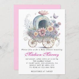Invitación Girly Rubor Pink Floral Buggy Stroller Baby Shower