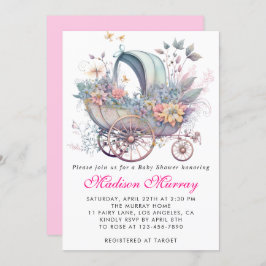 Invitación Girly Rubor Pink Floral Buggy Stroller Baby Shower