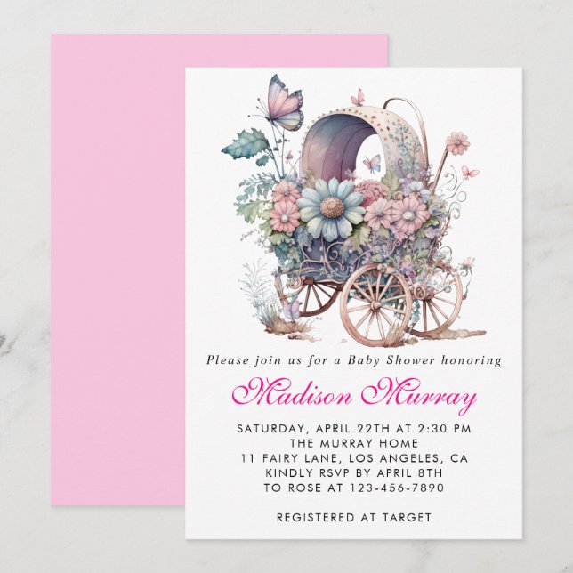 Invitación Girly Rubor Pink Floral Buggy Stroller Baby Shower (Anverso / Reverso)
