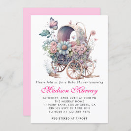 Invitación Girly Rubor Pink Floral Buggy Stroller Baby Shower