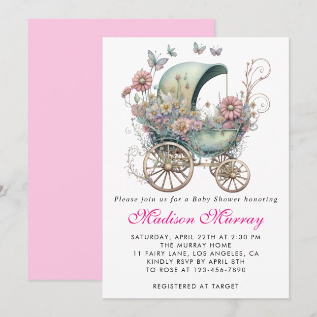 Invitación Girly Rubor Pink Floral Buggy Stroller Baby Shower (Anverso / Reverso)