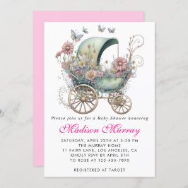 Invitación Girly Rubor Pink Floral Buggy Stroller Baby Shower