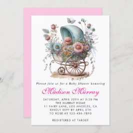 Invitación Girly Rubor Pink Floral Buggy Stroller Baby Shower