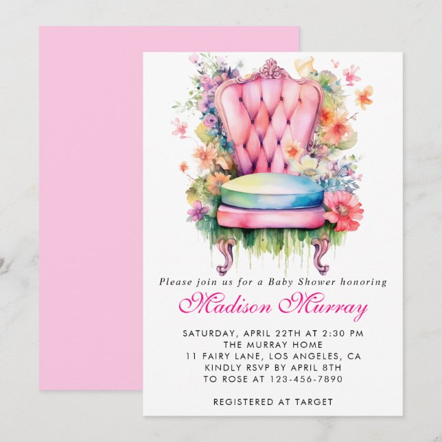Invitación Girly Rubor Pink Floral Flower Chair Baby Shower (Anverso / Reverso)