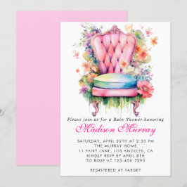 Invitación Girly Rubor Pink Floral Flower Chair Baby Shower