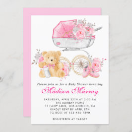 Invitación Girly Rubor Pink Floral Stroller Pram Baby Shower