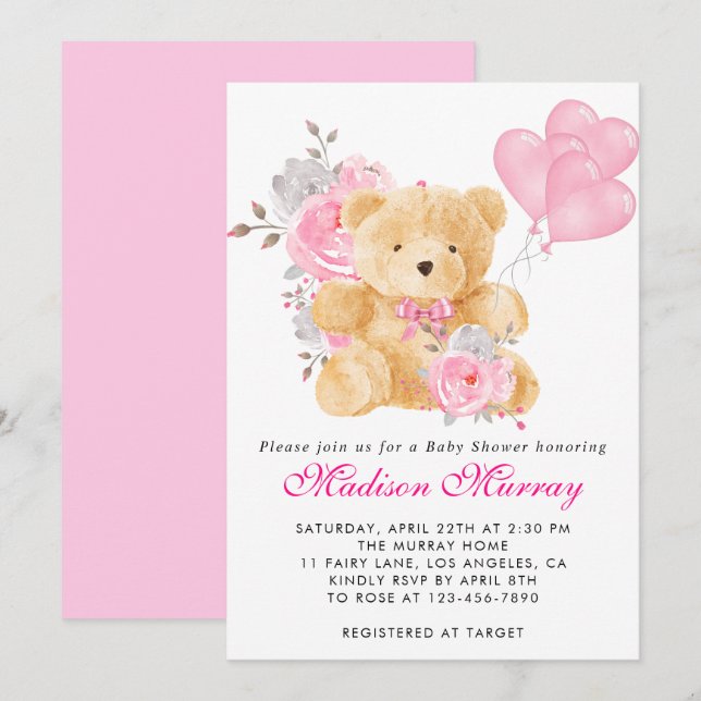 Invitación Girly Rubor Pink Floral Teddy Bear Baby Shower (Anverso / Reverso)