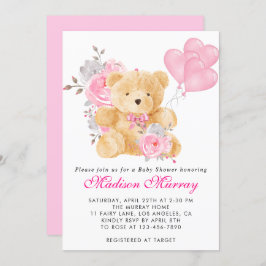 Invitación Girly Rubor Pink Floral Teddy Bear Baby Shower