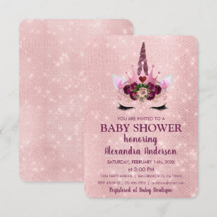 Invitación Girly Rubor Pink Sparkle Unicorn Baby Shower