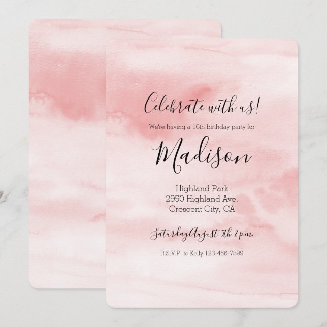 Invitación Girly Rubor Pink Watercolor personalizado (Anverso / Reverso)
