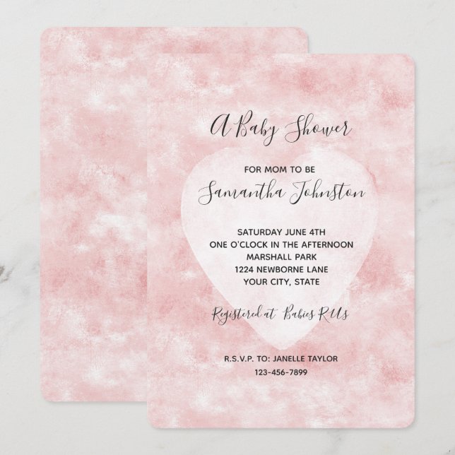 Invitación Girly Rubor Pink White Heart Baby Shower (Anverso / Reverso)