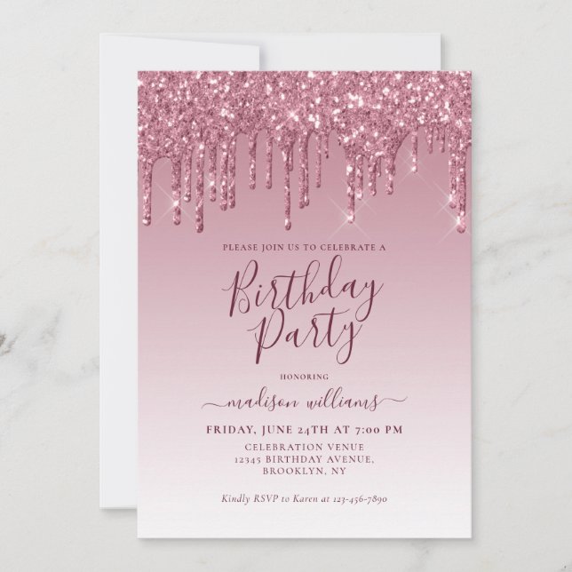 Invitación Girly Rubor Purpurina rosado Sparkle Drin Cumpleañ (Anverso)