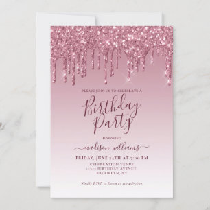 Invitación Girly Rubor Purpurina rosado Sparkle Drin Cumpleañ