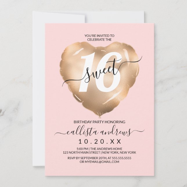 Invitación Girly Rubor Relieve metalizado dorado rosado globo (Anverso)