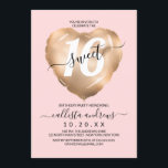 Invitación Girly Rubor Relieve metalizado dorado rosado globo<br><div class="desc">Esta invitación a la fiesta de 16 años, alegre, moderna y tierna, es perfecta para el moderno y elegante chica. Cuenta con un globo cardíaco de Relieve metalizado dorado falso impreso con un gran "16" encima de un simple fondo rosa rubor. ¡Es un diseño elegante, fresco, bonito y divertido de...</div>