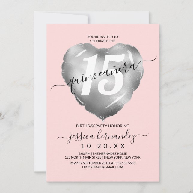 Invitación Girly Rubor Relieve metalizado plateado Heart Ball (Anverso)