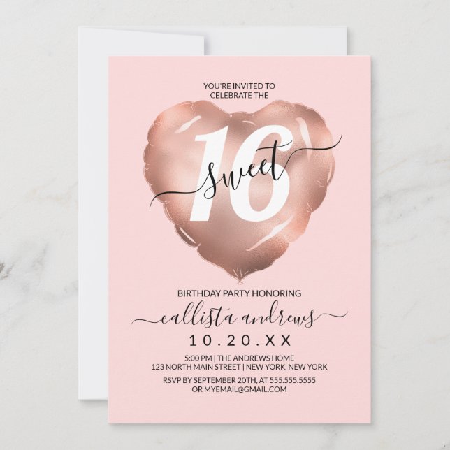 Invitación Girly Rubor Rosa Relieve metalizado dorado Balón d (Anverso)