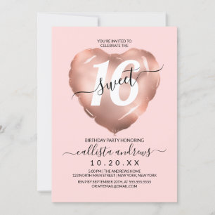Invitación Girly Rubor Rosa Relieve metalizado dorado Balón d