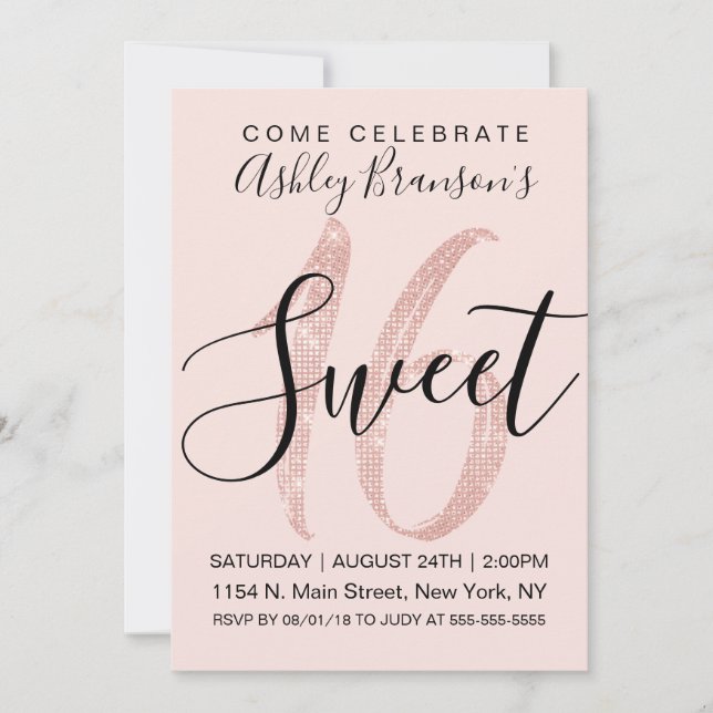 Invitación Girly Rubor Rosa Rosa Gold Sequin Purpurina Sweet  (Anverso)