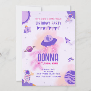Invitación Girly Space Adventure Purple Pink Birday