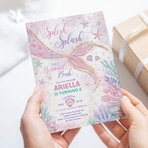 Invitación Girly Splish Splash Sirmaid Cumpleaños Bash Fiesta