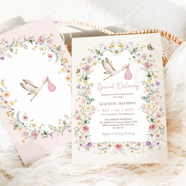 Invitación Girly Stork Wildflower Garden Chica Baby Shower (Subido por el creador)